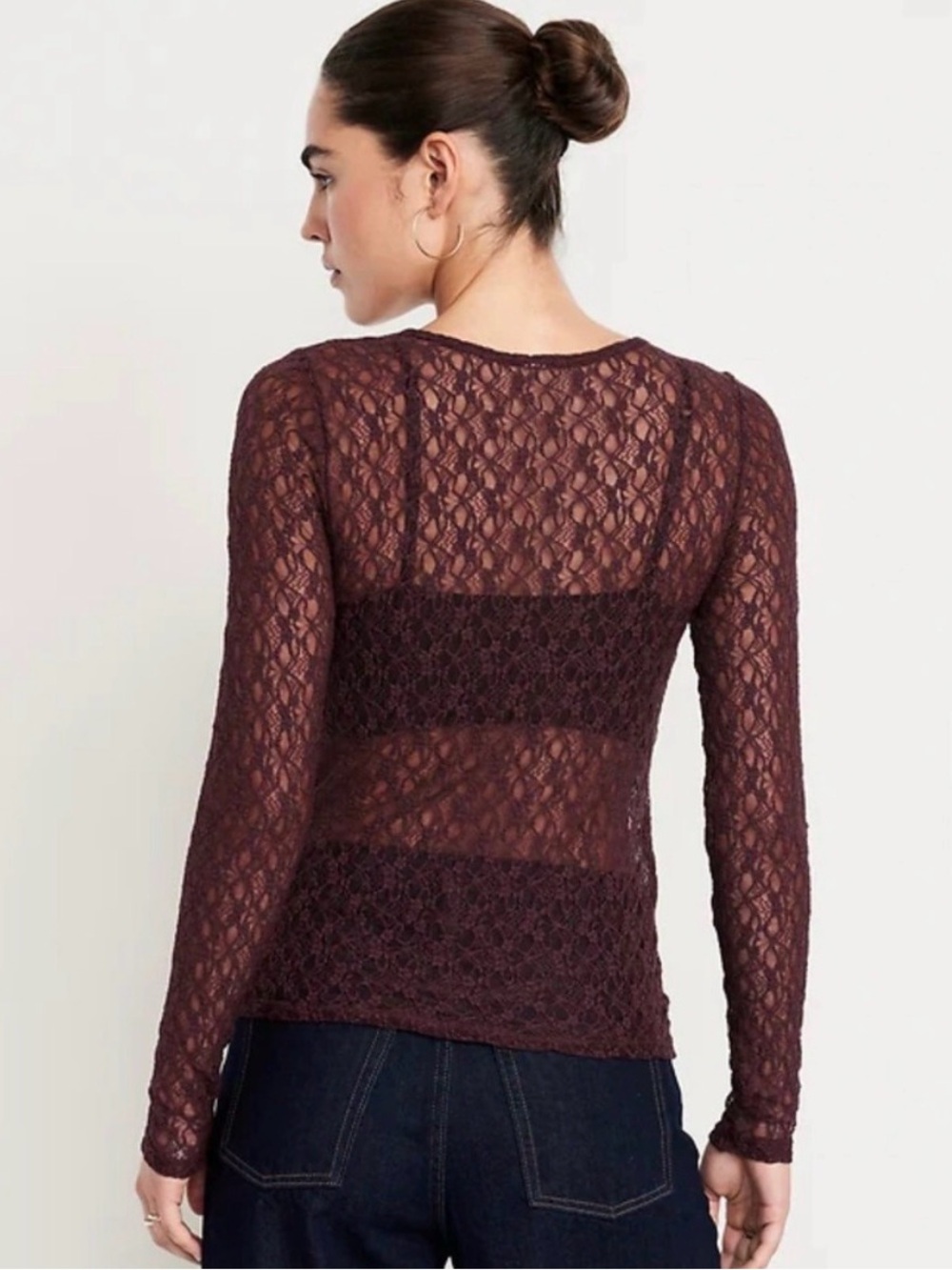 Old Navy Sheer Lace Long-Sleeve Top | Burgundy | L